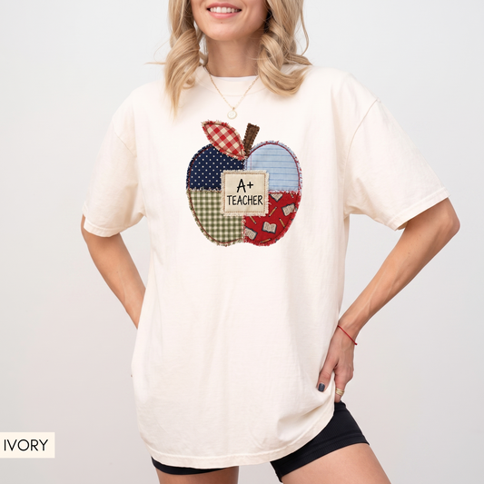 Comfort Colors® Patchwork Teacher Shirt, Printed Teacher Tee, Back to School Apple T-Shirt, Teacher Appreciation Gift