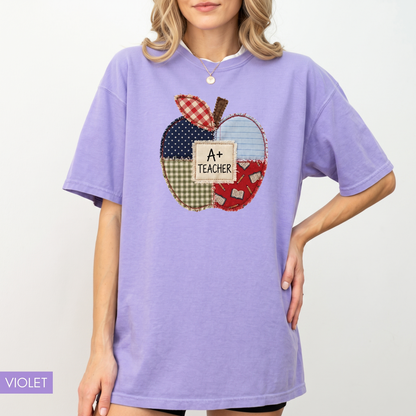 Comfort Colors® Patchwork Teacher Shirt, Printed Teacher Tee, Back to School Apple T-Shirt, Teacher Appreciation Gift