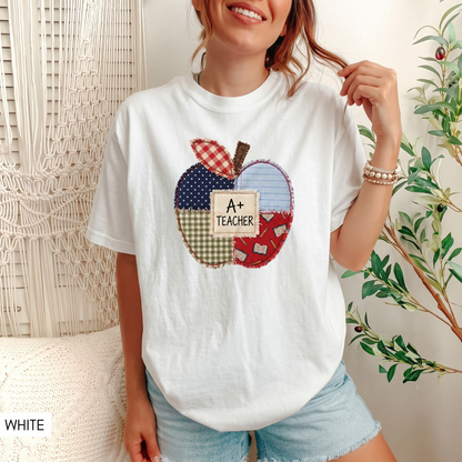 Comfort Colors® Patchwork Teacher Shirt, Printed Teacher Tee, Back to School Apple T-Shirt, Teacher Appreciation Gift