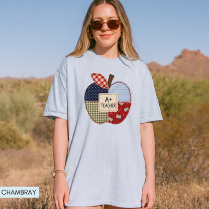 Comfort Colors® Patchwork Teacher Shirt, Printed Teacher Tee, Back to School Apple T-Shirt, Teacher Appreciation Gift